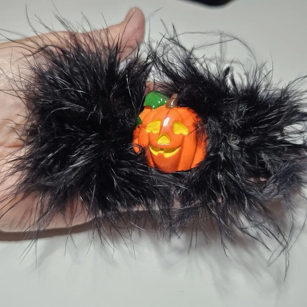 Black Feathery Orange Halloween Pumpkin Barrette Silver Tone